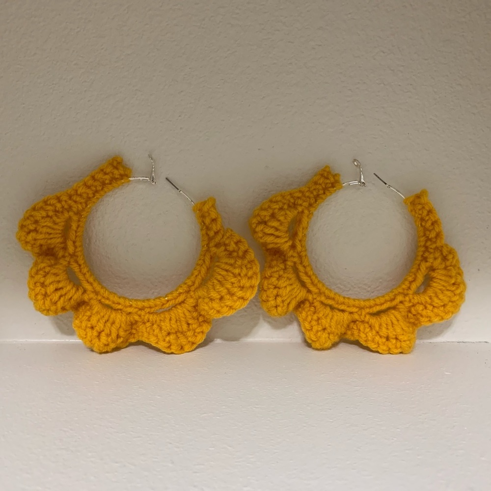 Yellow wavy sun crochet hoop statement earrings